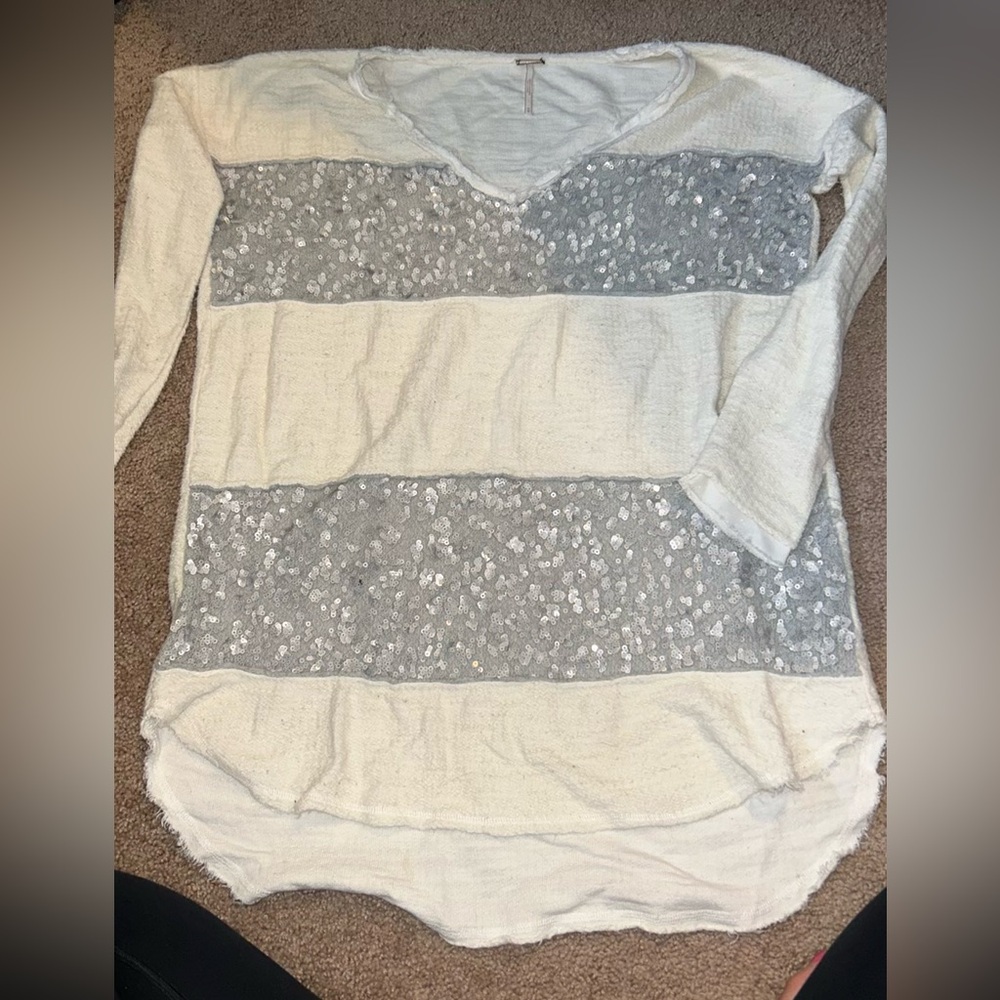Free People White Gray Sparkly Sweater